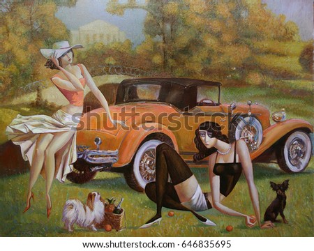  girl, lady with a dog, retro car, classic car, golden autumn, autumn park, girls at a picnic, Texture oil painting, artist Roman Nogin looking for partnerships with artdillers - contact facebook Royalty-Free Stock Photo #646835695