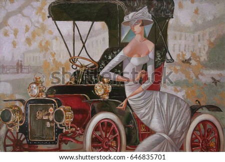  oil painting, artist Roman Nogin,looking for partnerships with artdillers - contact facebook lady with a retro car, classic car, evening city, golden autumn, autumn park Royalty-Free Stock Photo #646835701