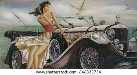  picture, girl, lady with a retro car, classic car,  , white car,Ocean,looking for partnerships with artdillers- contact facebook, artist Roman Nogin,  Royalty-Free Stock Photo #646835734