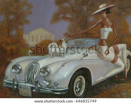  girl, lady with a dog, retro car, classic car, golden autumn, autumn park, girls at a picnic, Texture oil painting, artist Roman Nogin ,selling original pictures personally