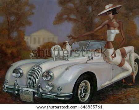  girl, lady with a dog, retro car, classic car, golden autumn, looking for partnerships with artdillers - contact facebook, oil painting, artist Roman Nogin Royalty-Free Stock Photo #646835761