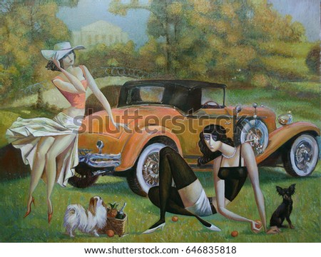  girl, lady with a dog, retro car, classic car, golden autumn, autumn park, girls at a picnic, sale original - contact facebook,oil painting, artist Roman Nogin