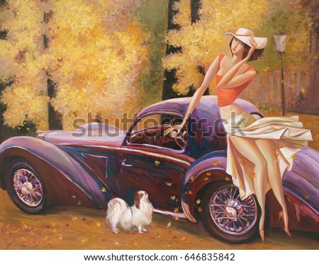  girl, lady with a dog, retro car, classic car, golden autumn, autumn park, girls at a picnic,  oil painting, artist Roman Nogin looking for partnerships with artdillers - contact facebook