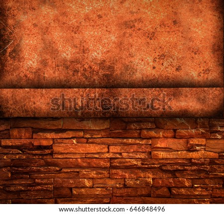 Scratched and spotted a metal sheet texture with grunge brick background close up