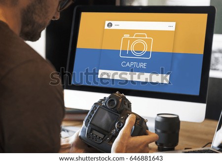 People using computer working with camera icon graphic