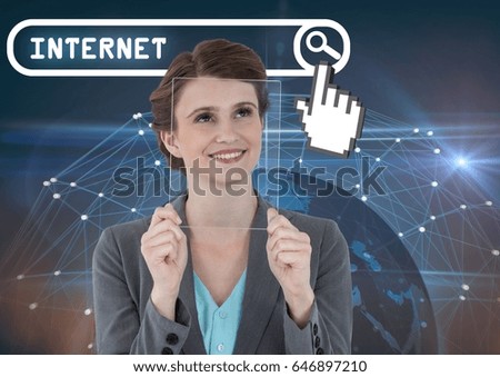 Digital composite of Search Bar with internet text and woman holding glass tablet