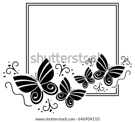 Black and white silhouette frame with butterflies. Raster clip art.