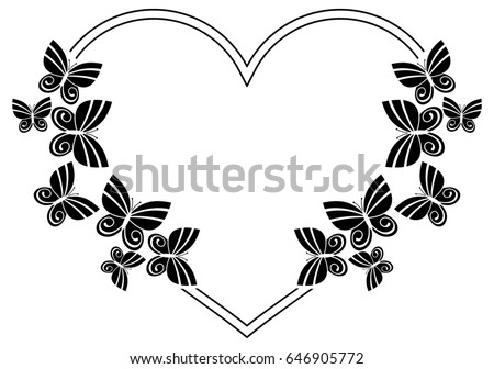 Heart shaped silhouette frame with butterflies. Raster clip art.