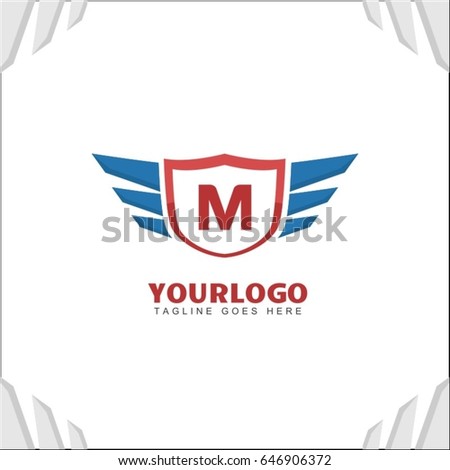M letter brand identity. Falcon wing logo vector icon. Blue shield design template.