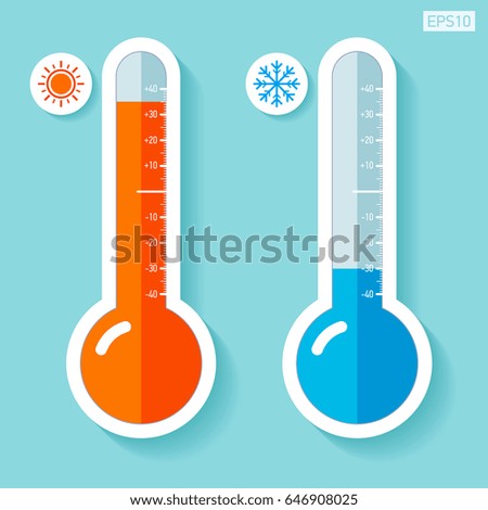Thermometers in flat style, cold and hot temperature, design element on color background. Vector design object 