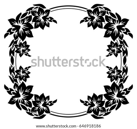 Black and white abstract round frame. with decorative flowers. Copy space. Raster clip art.