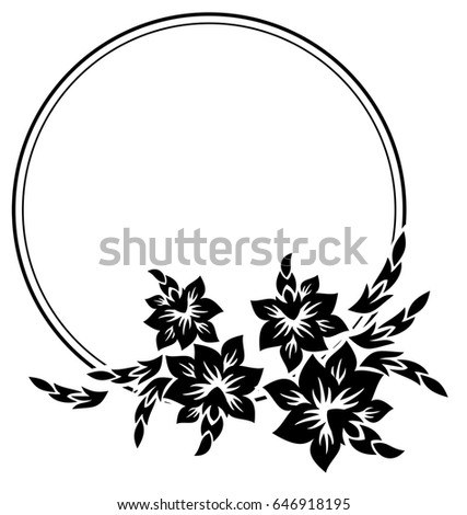 Black and white abstract round frame. with decorative flowers. Copy space. Raster clip art.