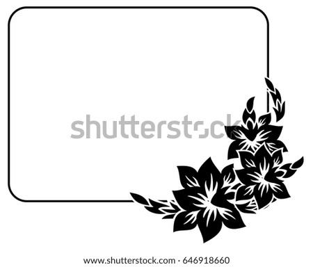 Black and white abstract frame. with decorative flowers. Copy space. Raster clip art.