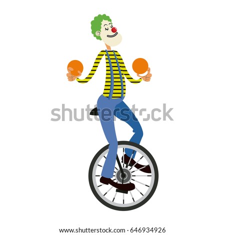 funny clown juggling balls while riding unicycle, one wheeled bicycle, cartoon