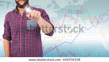 Digital composite of Man pointing with flare against blue graph