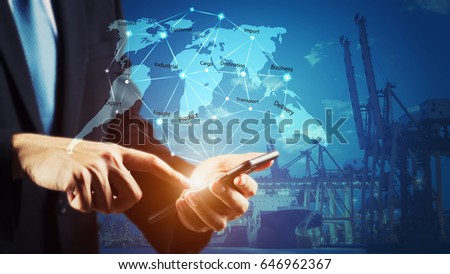 Business Logistics concept, Global business connection technology interface global partner connection of Container Cargo freight ship for Logistic Import Export internet of things Royalty-Free Stock Photo #646962367
