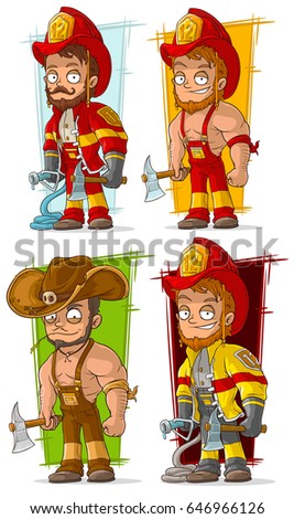 Cartoon cool fireman in red uniform helmet with axe and water pump character vector set