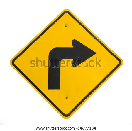 Yellow blind corner turning warning sign on a biking trail isolated on white Royalty-Free Stock Photo #64697134