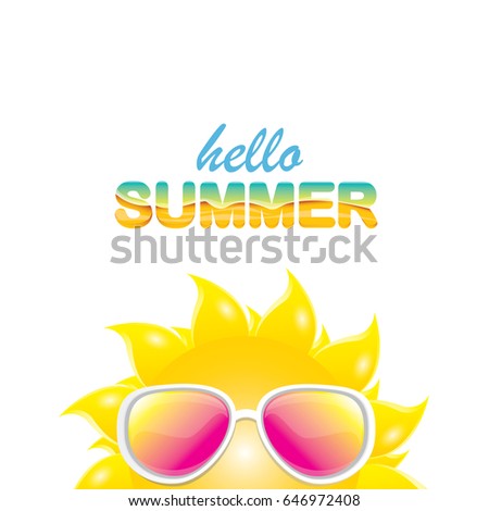 vector hello summer creative label with smiling shiny sun and sunglasses isolated on white. summer party background with funky sun character design template. vector summer icon
