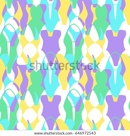 Cute 80s style geometric seamless pattern with neon swimsuits