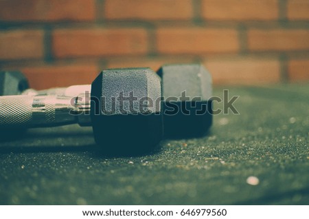 Rubber dumbbell weights in gym. Great fitness and exercise background or graphic for athletes or trainers.