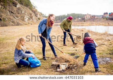 Family is cleaning outside