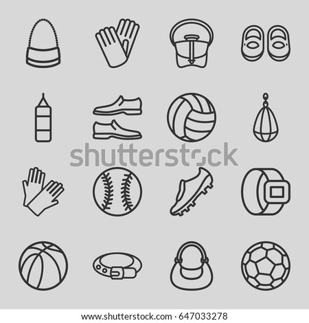 Leather icons set. set of 16 leather outline icons such as baby shoes, belt, gloves, man shoe, bag, basketball, soccer trainers, baseball, volleyball, fotball