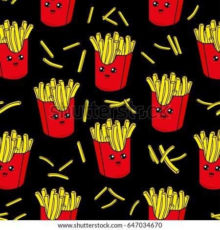 Cute kids pattern for girls and boys. Colorful french fries on the abstract grunge background create a fun cartoon drawing.The background is made in black colors.Urban backdrop for textile and fabric. Royalty-Free Stock Photo #647034670