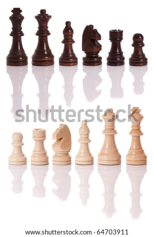 A set of black and white chess pieces isolated on a white background
