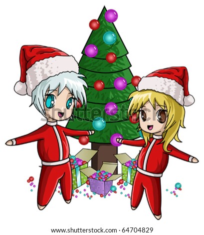 Little male and female Santa Claus with tree