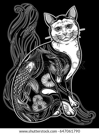 Happy Japanese folklore cat with traditional flower and fish tattoo. Inside ink art of fish (Koi carp). Symbol of harmony, luck. Vector illustration isolated. Spiritual art for tattoo, coloring book.
