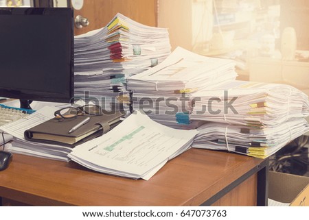 Pile of unfinished documents on office desk, Stack of business paper,Vintage Effect