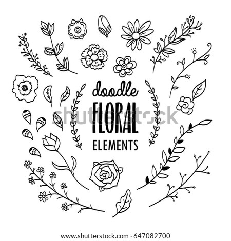 Flower doodle icons. Hand drawn floral vintage card design element.