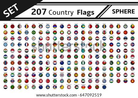 set 207 countries flags sphere shape Royalty-Free Stock Photo #647092519