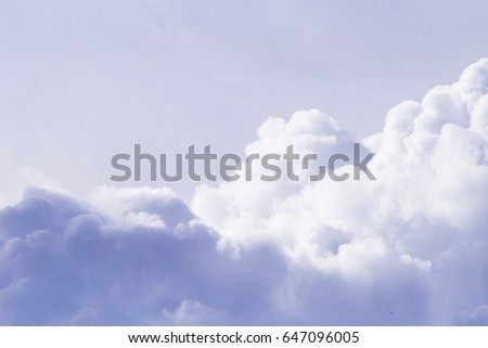 Fluffy cloud on empty sky. Cloudscape photo background. Romantic skyscape with raincloud. Stormy cloud on sunny sky. Peaceful sky view. Tropical rain season. Moisture concept. White cotton cloud