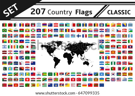 set 207 country flags and world map Royalty-Free Stock Photo #647099335