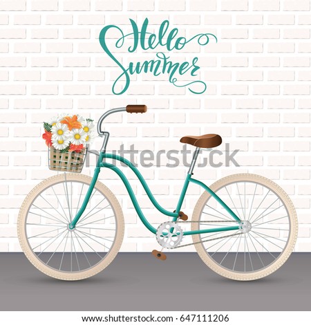 Summer lettering. Retro bycicle with basket of flowers on brick wall texture. Healthy lifestyle, fitness.  Vector illustration EPS10.