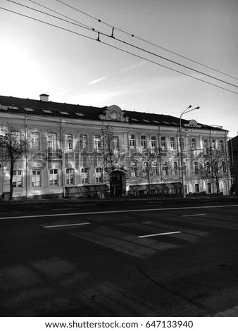 City, houses and buildings with windows black and white. The play of light and shadow. City Vitebsk, Belarus