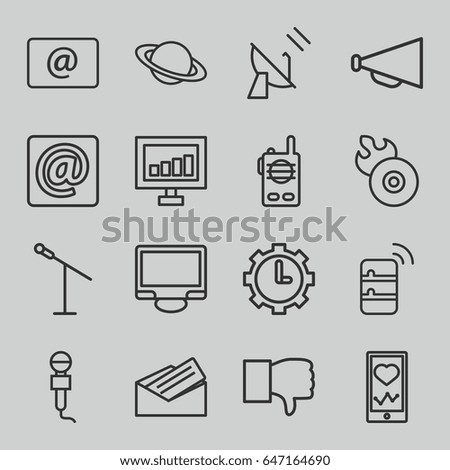 Communication icons set. set of 16 communication outline icons such as signal, megaphone, heartbeat on phone, disc flame, microphone, display, email, at email, clock in gear