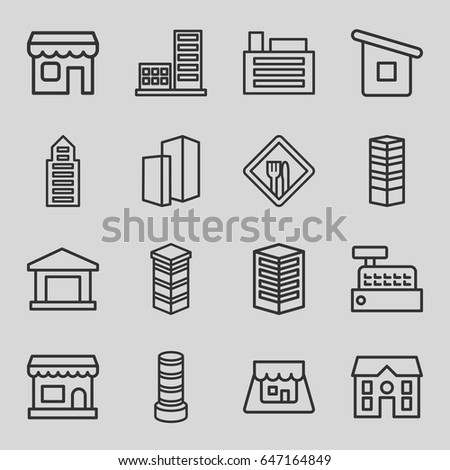 Town icons set. set of 16 town outline icons such as business centre, business center building, building, house, house builidng, shop, restaurant