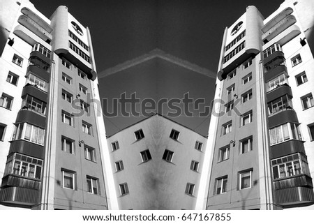 City, houses and buildings with windows black and white. The play of light and shadow. City Vitebsk, Belarus