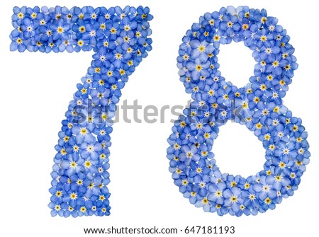 Arabic numeral 78, seventy eight, from blue forget-me-not flowers, isolated on white background