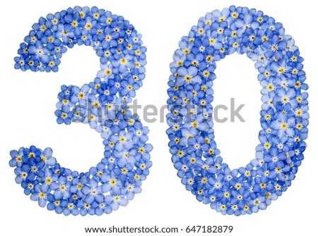 Arabic numeral 30, thirty, from blue forget-me-not flowers, isolated on white background