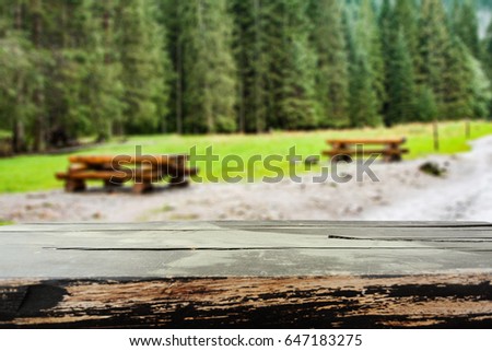 Old worn table background of free space for your decoration and landscape of forest 