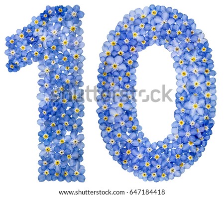 Arabic numeral 10, ten, from blue forget-me-not flowers, isolated on white background