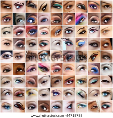 collection of 81 pictures of woman eyes with artistic make-up, models of different ethnicities.
