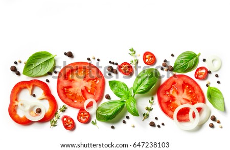 fresh vegetables, herbs and spices isolated on white background