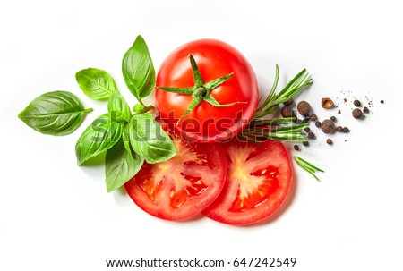 fresh tomato, herbs and spices isolated on white background, top view Royalty-Free Stock Photo #647242549