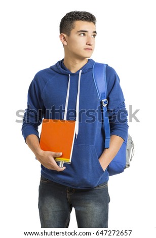 College student boy with good attitude on white background