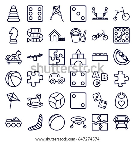 Toy icons set. set of 36 toy outline icons such as pyramid, child bicycle, puzzle, beach ball, baby bid, boomerang, swing, kite, house, playpen, dice, board game